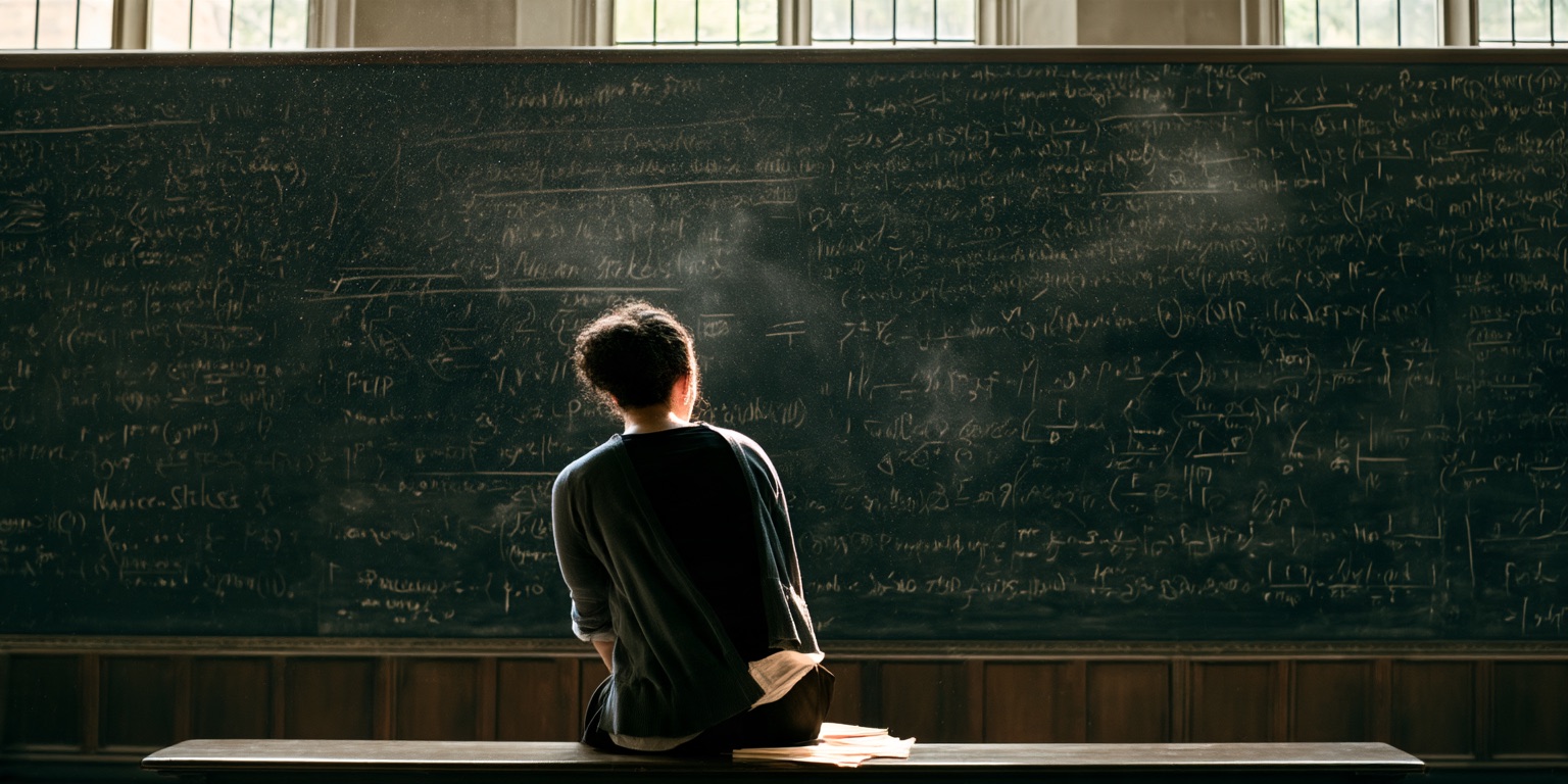 A mathematician seen from behind, sitting on a bench before a blackboard covered in chalk.