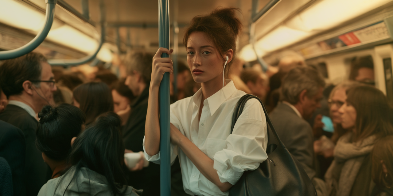 A woman holding a pole in a crowded subway car, looking at the viewer.