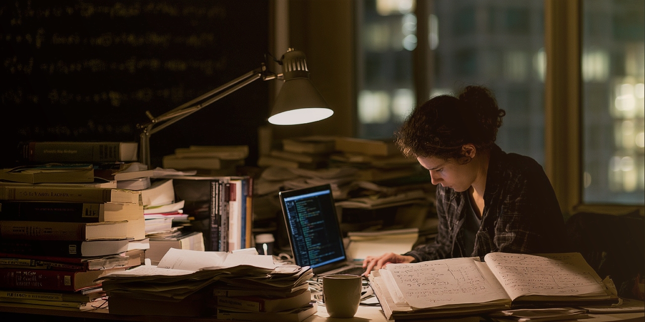 A woman sitting at her desk late a night,  surrounded by drifts of paper and books.