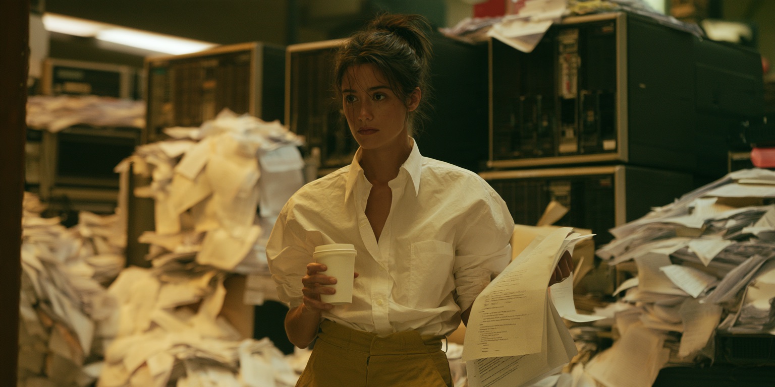 A woman with a coffee cup reading through printouts among piles of paper and old computer cabinets.