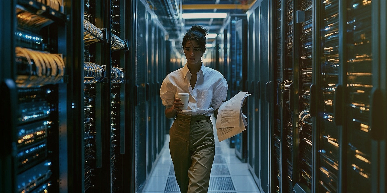 A woman walking in a server coridor.
