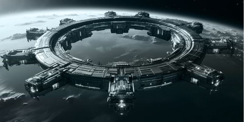 A ring-shaped space station in orbit above a cloud-covered world, in black and white.
